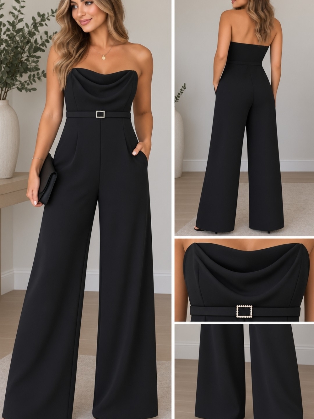 Madden Girl Black Strapless Wide-Leg Jumpsuit with Draped Cowl